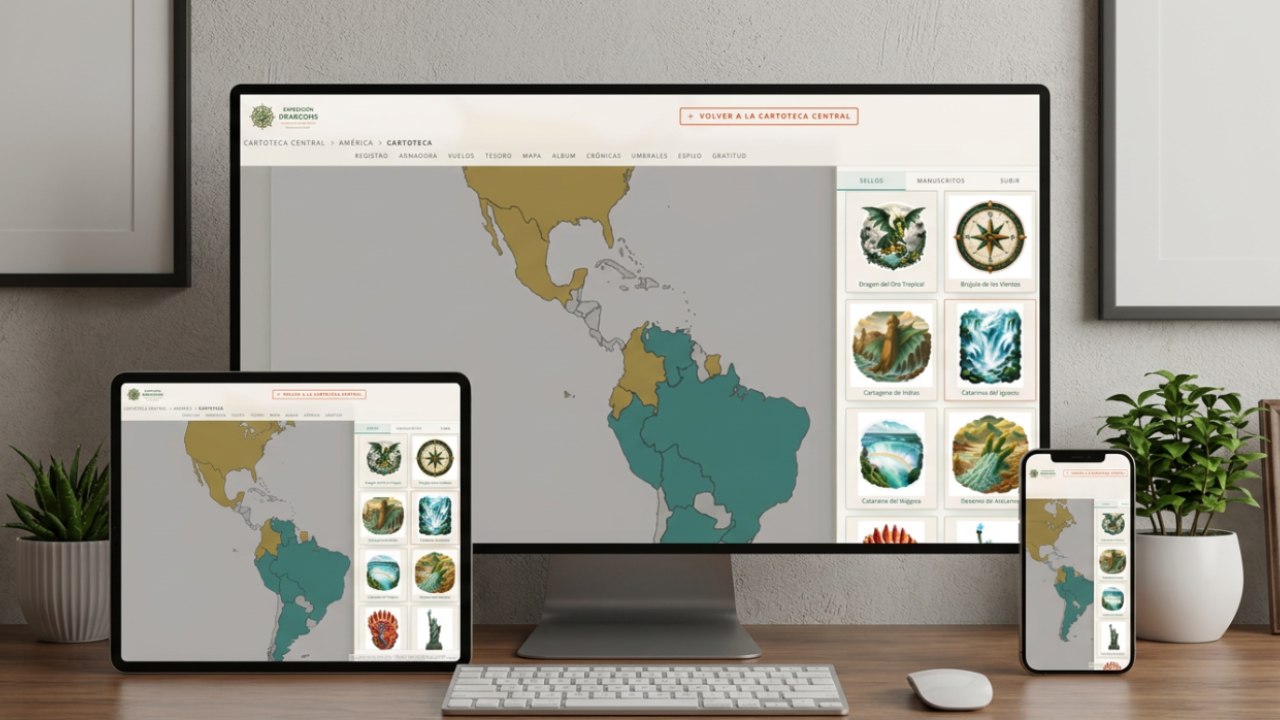 Cartoteca de América mostrada en monitor de escritorio, tablet y smartphone